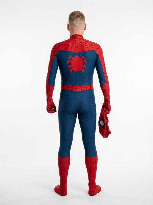 Spider-Man Costume - model with mask in hand, full body