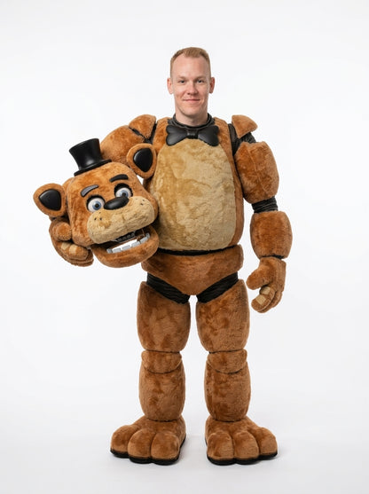 Freddy Fazbear costume for adults, removable bear head mask held by model