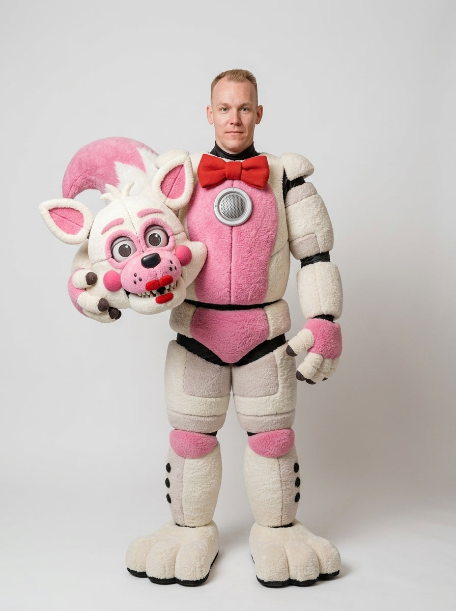 Funtime Foxy costume for adults, removable mask held by model