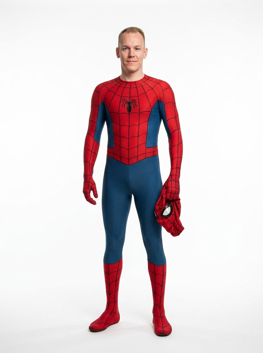 Spider-Man Costume for Adults - classic red and blue spider suit worn by model holding mask, full body hero shot