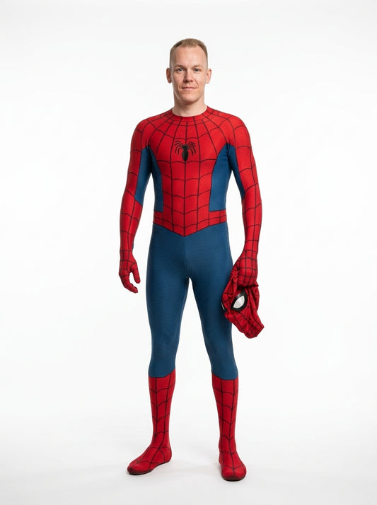 Spider-Man Costume for Adults - classic red and blue spider suit worn by model holding mask, full body hero shot