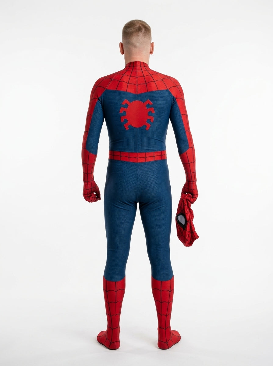 Spider-Man Costume - model with mask in hand, full body