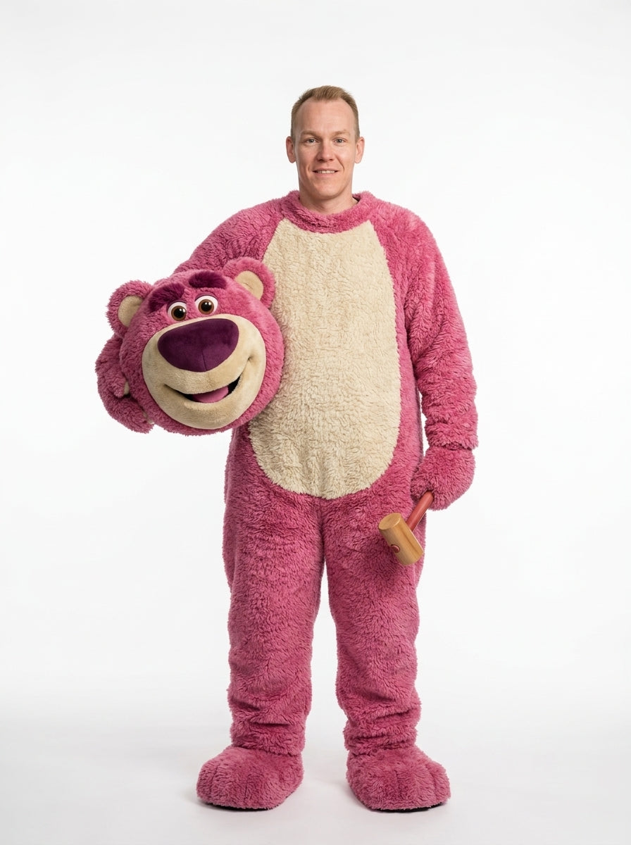 Lotso Bear Costume - model holding the plush bear head