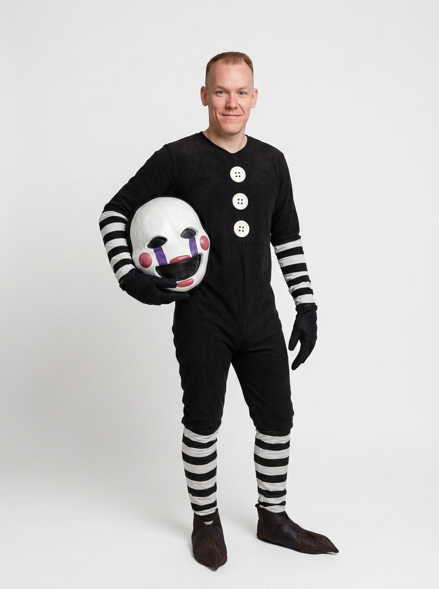 the Puppet costume for adults, marionette mask held by model