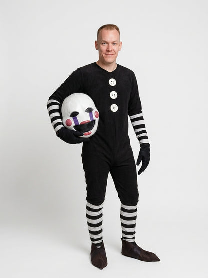 the Puppet costume for adults, marionette mask held by model