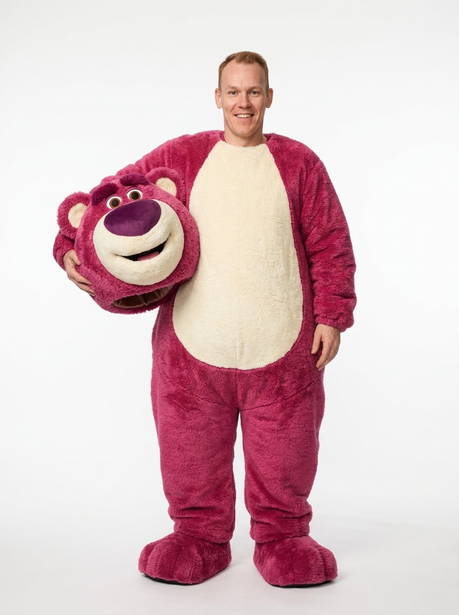 Lotso Bear Costume for Adults - pink plush bear mascot costume with removable head held by model, full body hero shot