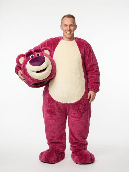 Lotso Bear Costume for Adults - pink plush bear mascot costume with removable head held by model, full body hero shot