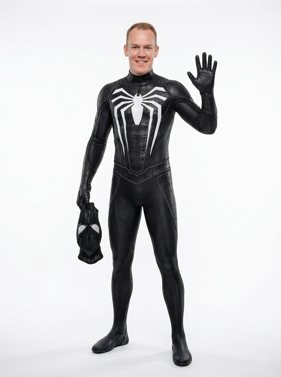 Black Spider-Man Costume for Adults - black symbiote spider suit worn by model holding mask, full body hero shot