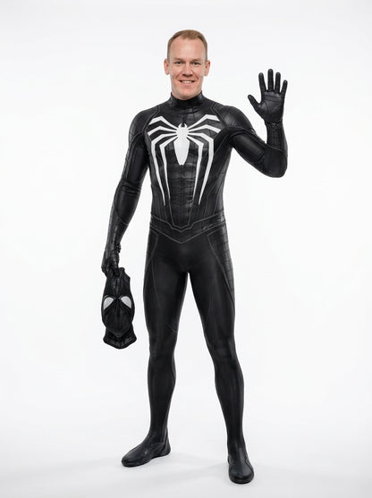 Black Spider-Man Costume for Adults - black symbiote spider suit worn by model holding mask, full body hero shot