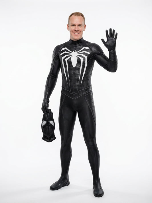 Black Spider-Man Costume for Adults - black symbiote spider suit worn by model holding mask, full body hero shot