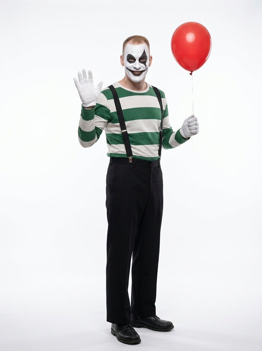 Scary Clown Costume for Adults - clown costume with face paint worn by model waving, full body hero shot