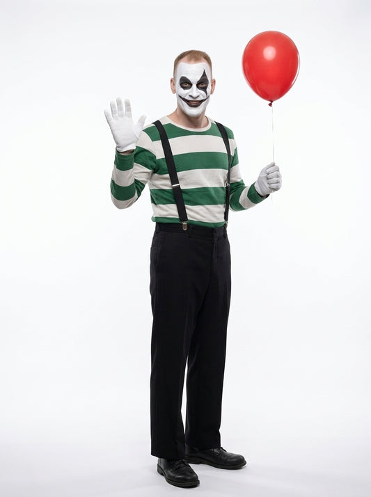 Scary Clown Costume for Adults - clown costume with face paint worn by model waving, full body hero shot