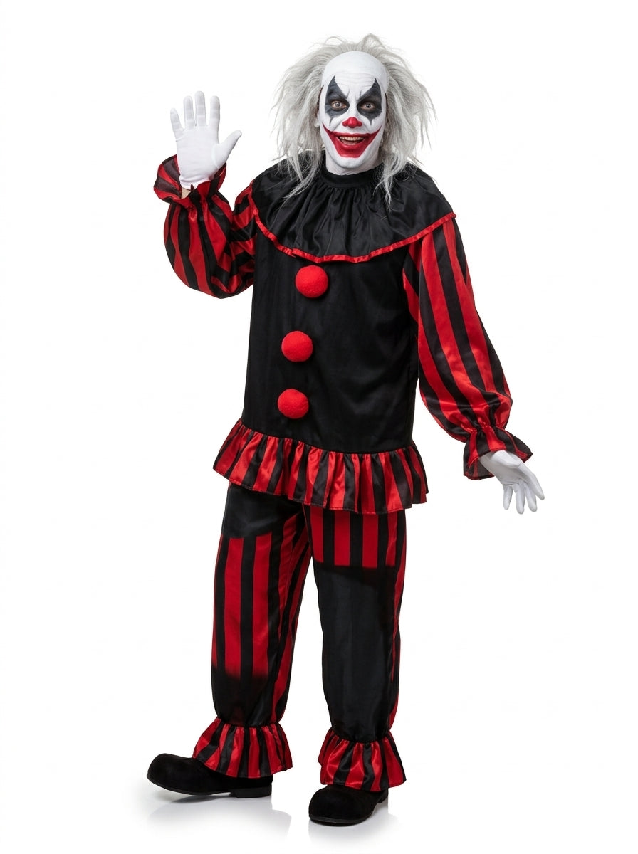 Evil Clown Costume for Adults - evil clown costume with wild hair worn by model waving, full body hero shot