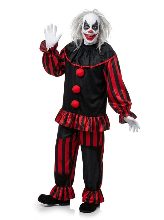 Evil Clown Costume for Adults - evil clown costume with wild hair worn by model waving, full body hero shot