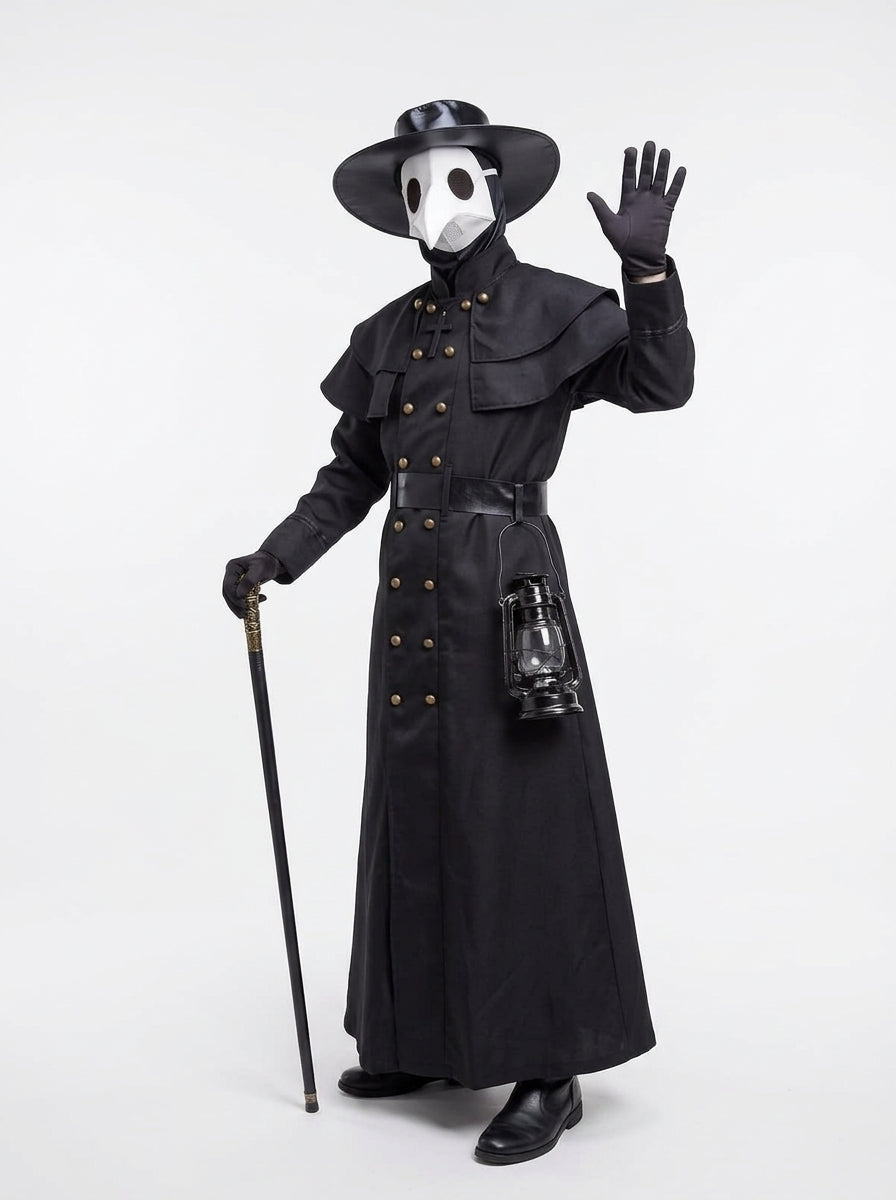 Plague Doctor Costume for Adults - gothic plague doctor costume worn by model waving, full body hero shot