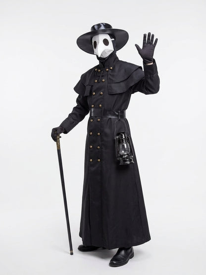 Plague Doctor Costume for Adults - gothic plague doctor costume worn by model waving, full body hero shot
