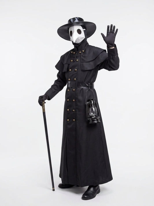 Plague Doctor Costume for Adults - gothic plague doctor costume worn by model waving, full body hero shot