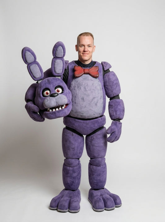 Bonnie costume for adults, model holding mask