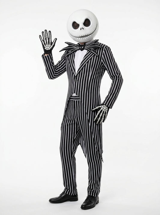 Jack Skellington Costume for Adults - pinstripe suit and skull mask worn by model waving, full body hero shot