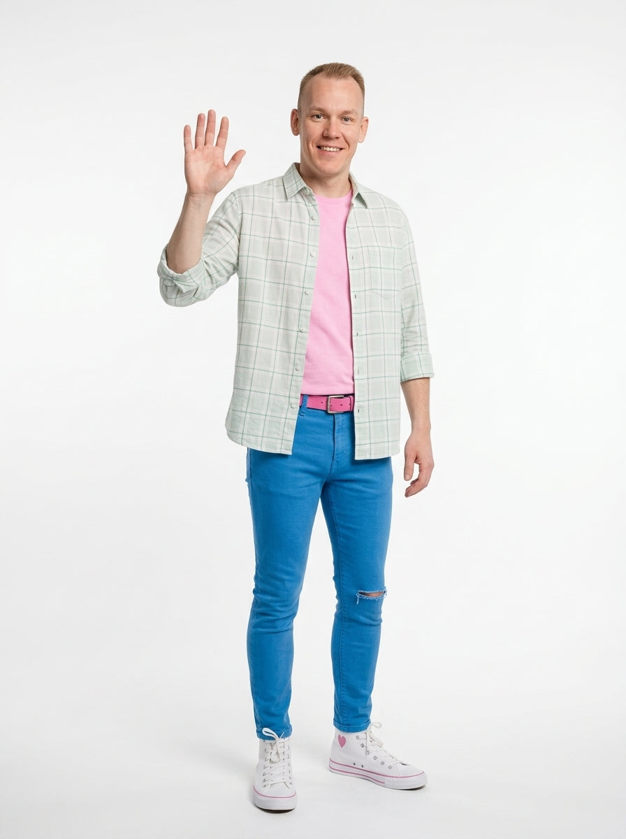 Ken Costume for Adults - Ken doll-inspired costume worn by model waving, full body hero shot