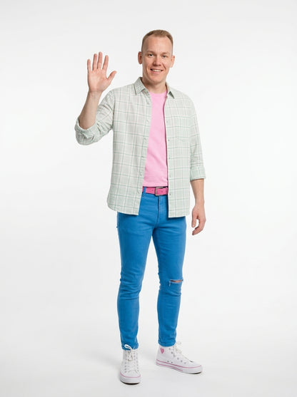 Ken Costume for Adults - Ken doll-inspired costume worn by model waving, full body hero shot