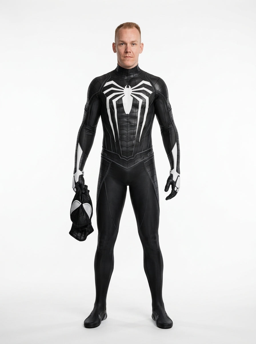 Black Spider-Man Costume - model in black suit, full body
