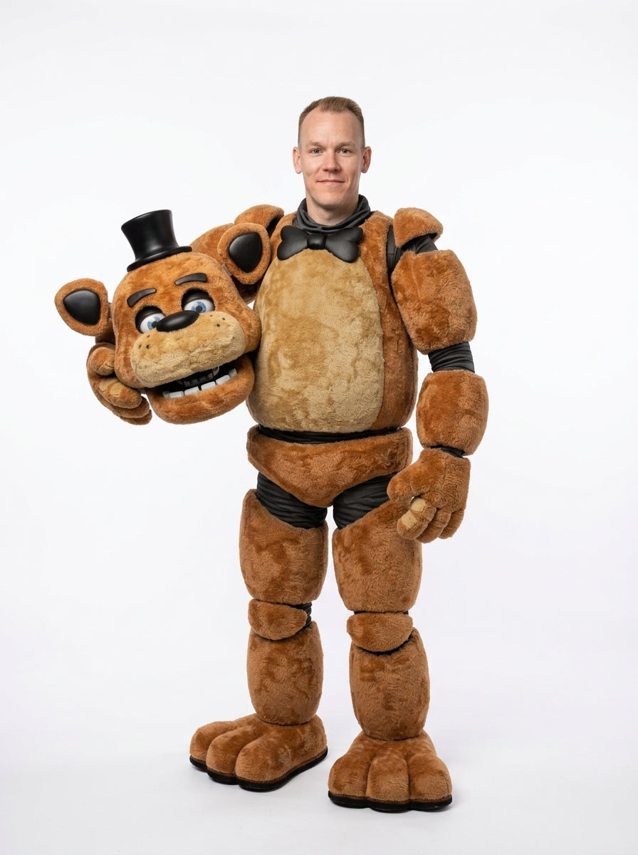 Freddy Fazbear costume for adults, full body worn by model