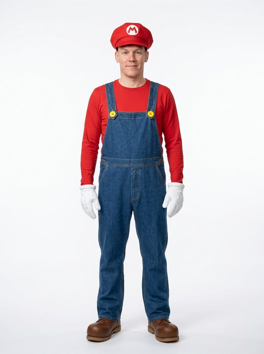 Mario Costume for Adults - red plumber costume worn by model, full body hero shot