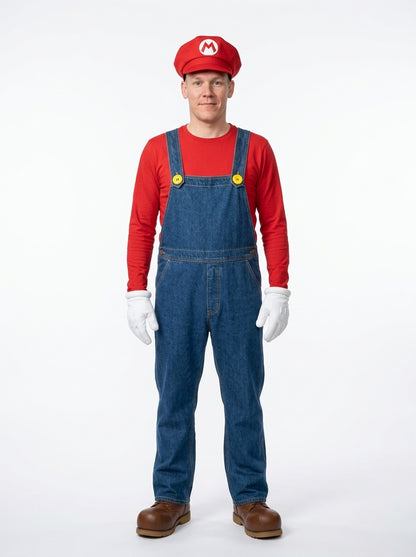 Mario Costume for Adults - red plumber costume worn by model, full body hero shot