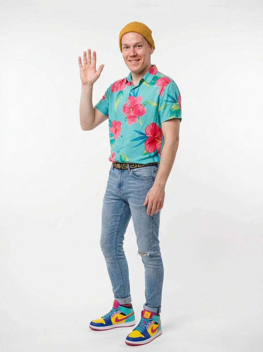 Hawaiian Tourist Costume for Adults - funny tourist costume worn by model waving, full body hero shot