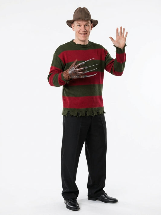 Men's Freddy Krueger Costume - striped sweater and claw glove costume worn by model waving, full body hero shot