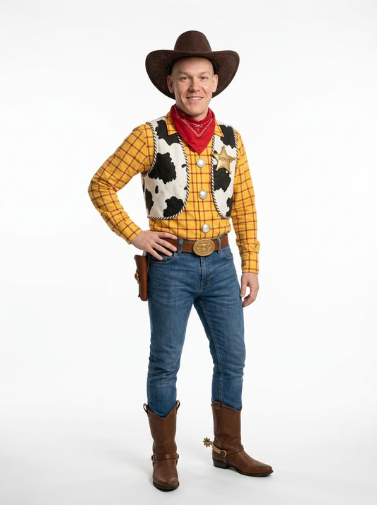 Woody Costume for Adults - cowboy costume worn by model, full body hero shot