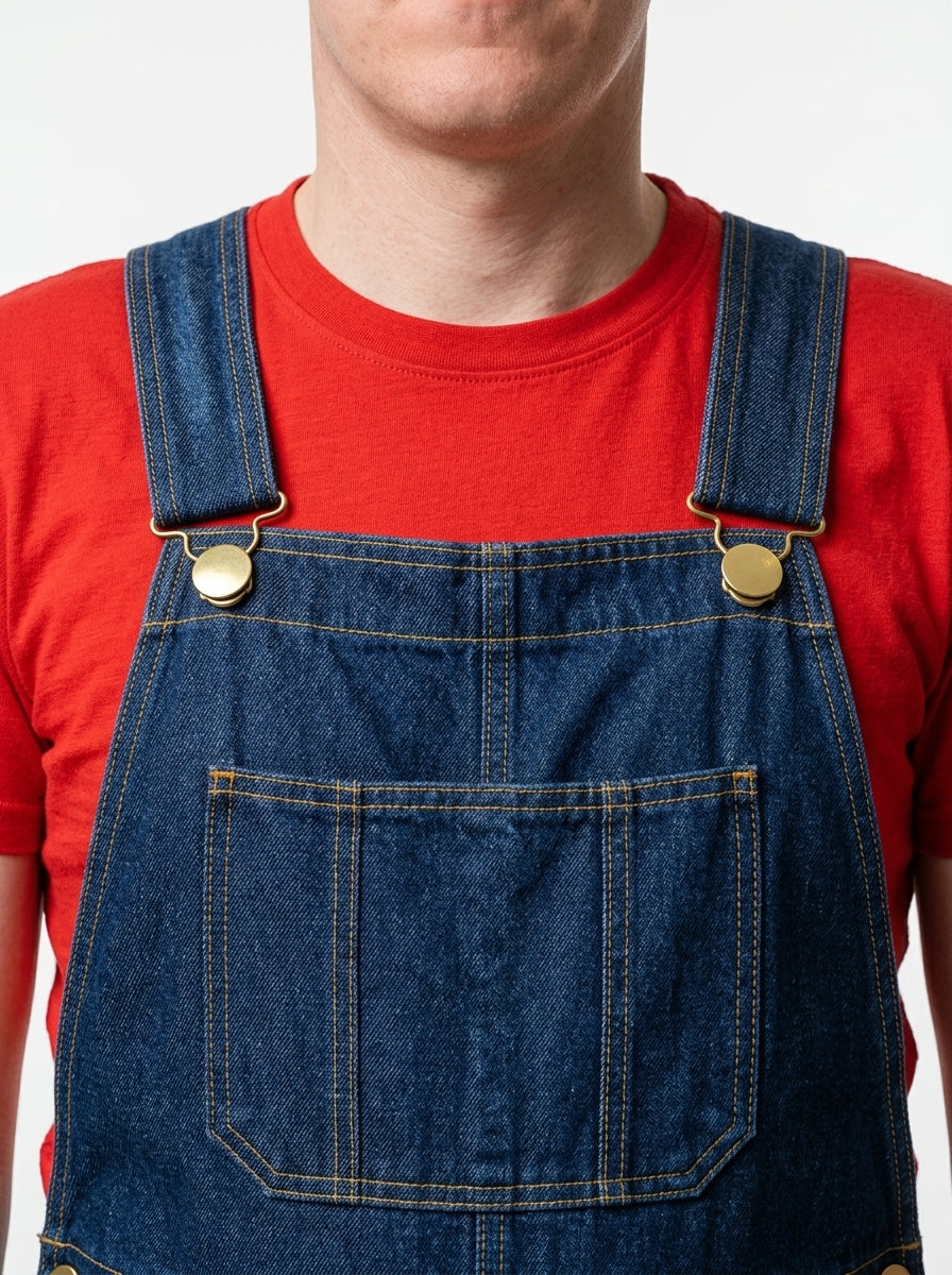 Mario Costume - model in denim overalls, full body