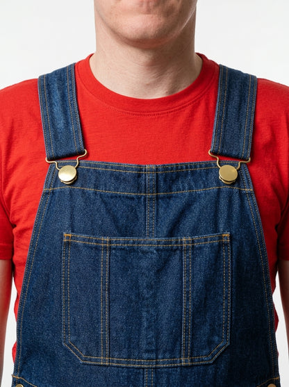 Mario Costume - model in denim overalls, full body