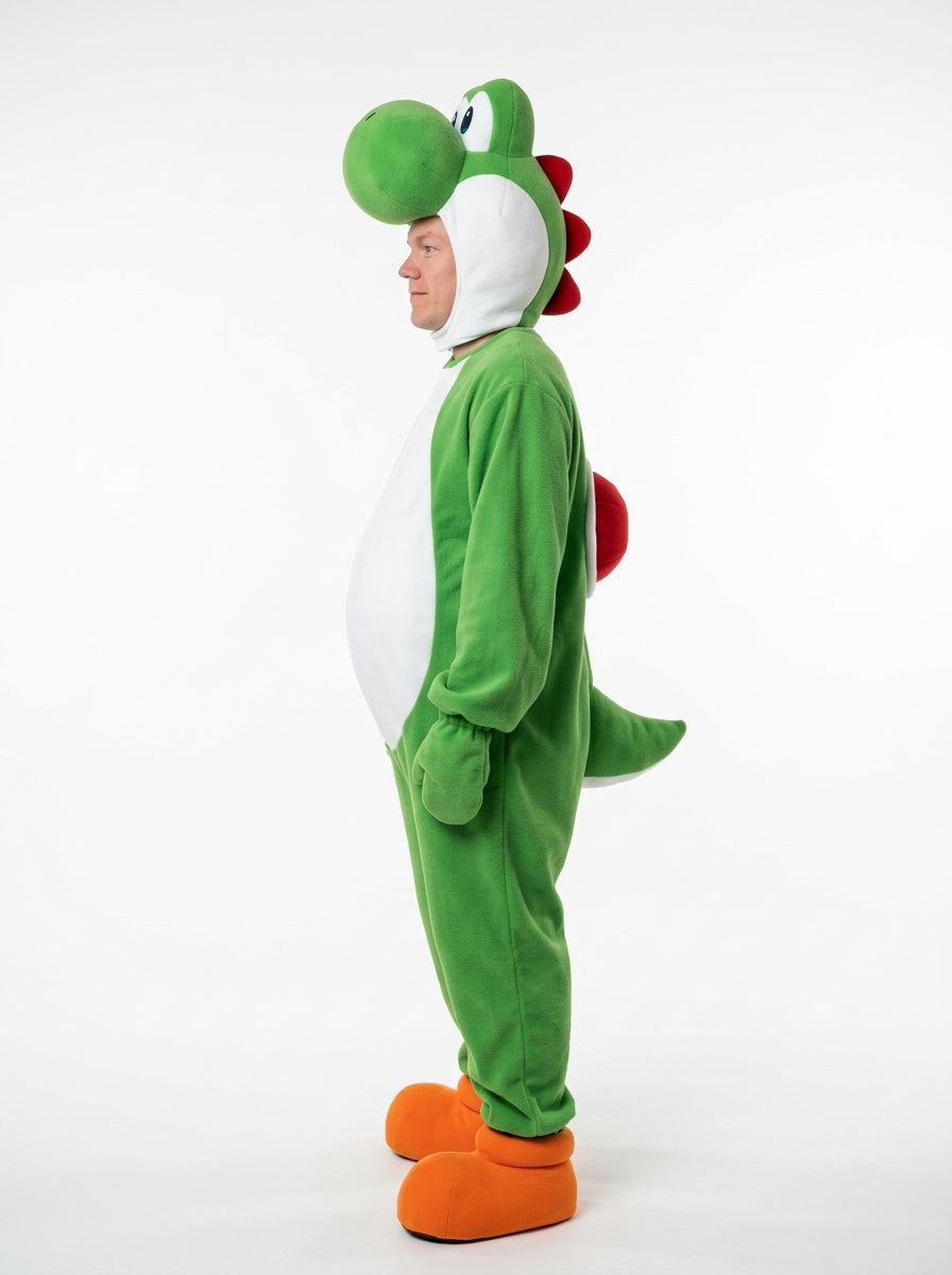 Yoshi Costume for Adults - green dinosaur costume worn by model, full body hero shot