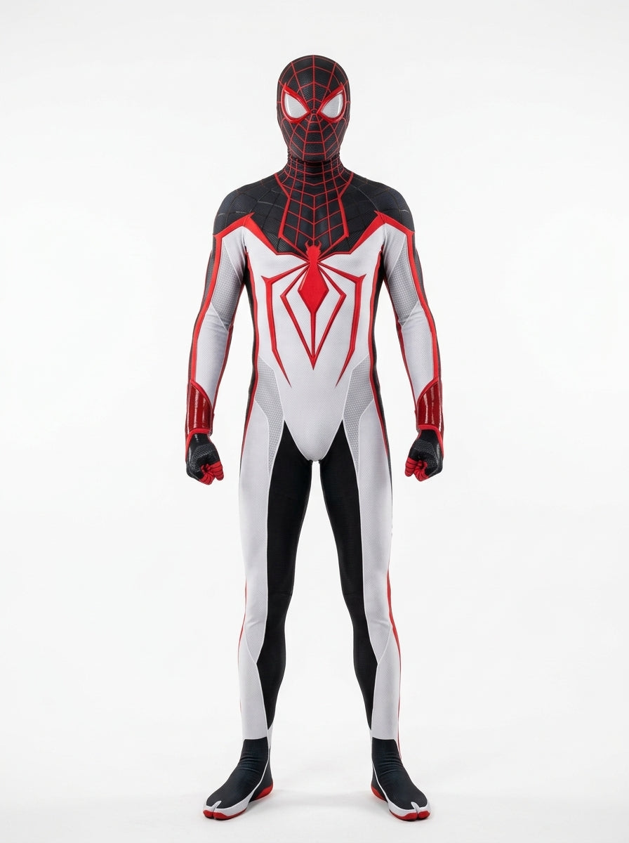 Spider-Man 2099 Costume for Adults - white and black futuristic spider suit worn by model, full body hero shot