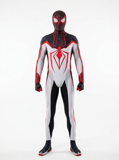 Spider-Man 2099 Costume for Adults - white and black futuristic spider suit worn by model, full body hero shot