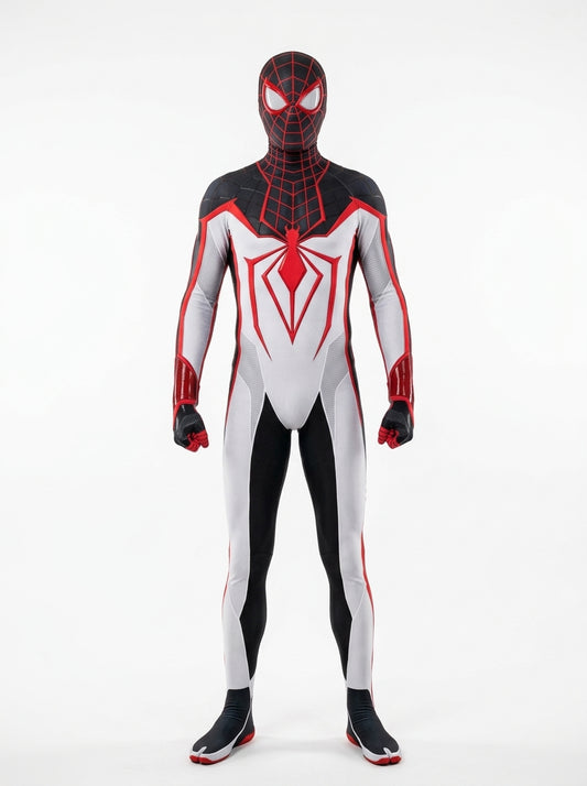 Spider-Man 2099 Costume for Adults - white and black futuristic spider suit worn by model, full body hero shot