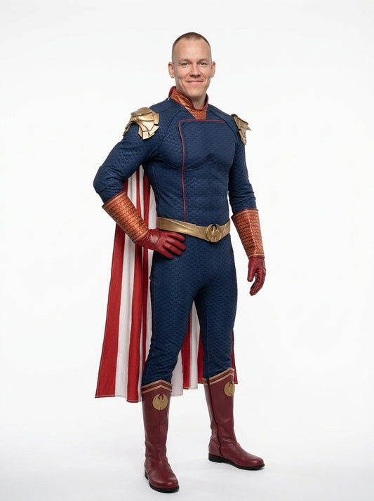 Homelander Costume for Adults - blue and gold superhero suit with striped cape worn by model, full body hero shot