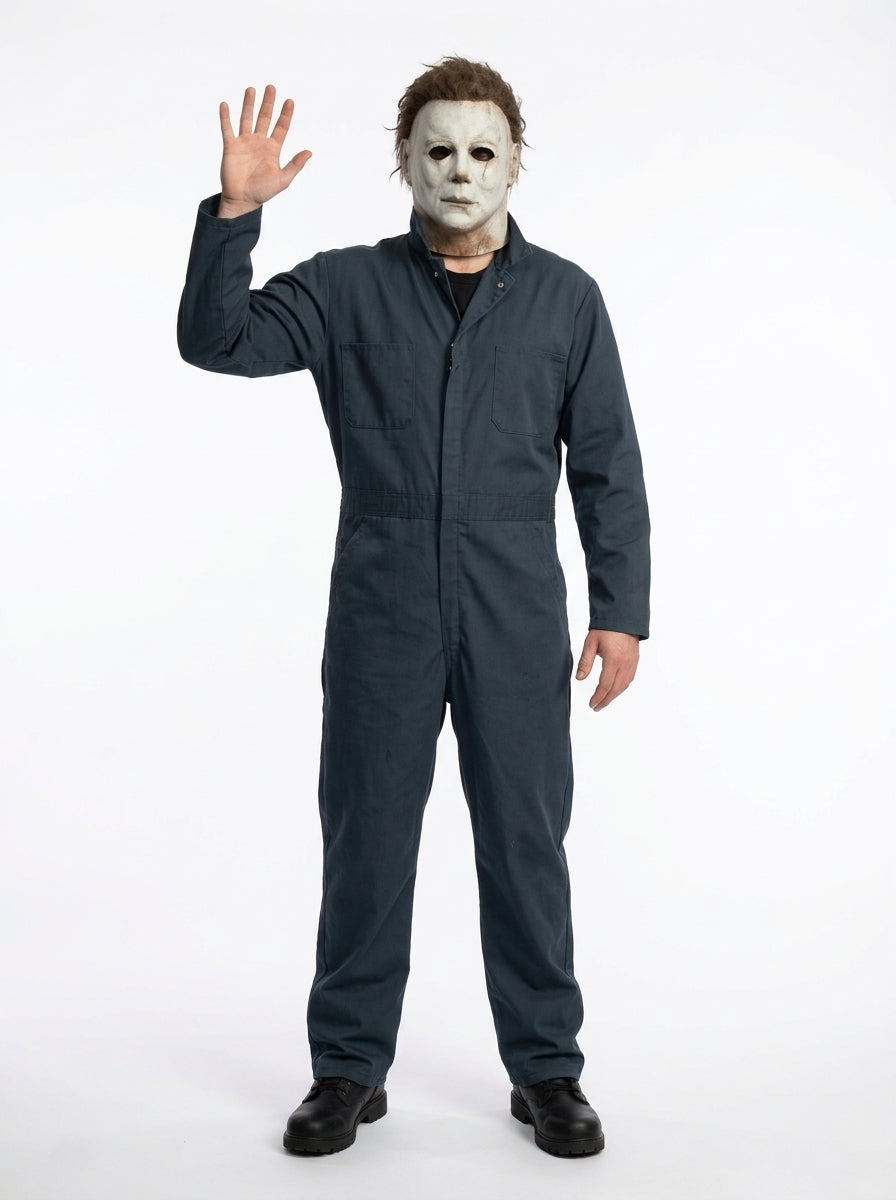 Michael Myers Costume for Adults - navy boiler suit and white mask worn by model waving, full body hero shot