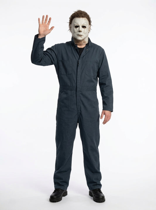 Michael Myers Costume for Adults - navy boiler suit and white mask worn by model waving, full body hero shot