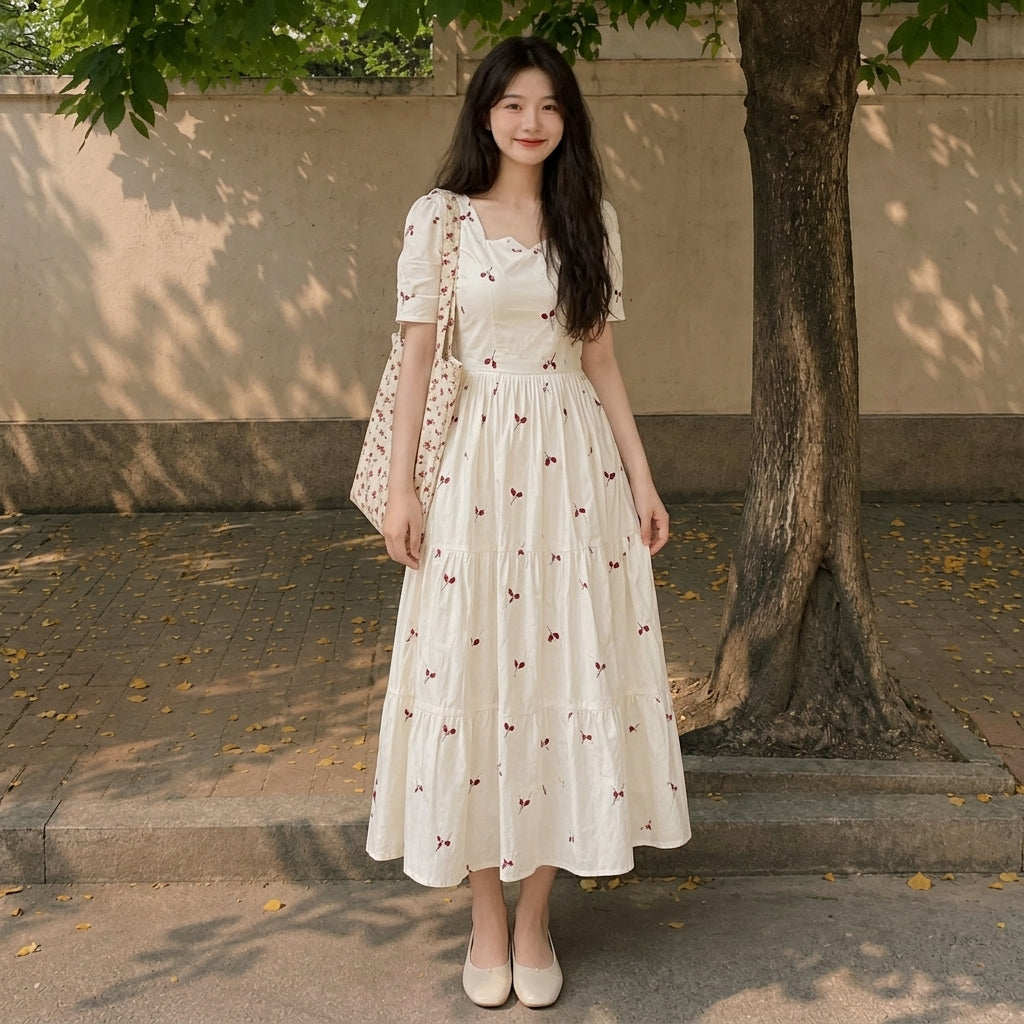 Cherry Print Midi Dress - Retro 50s Pin-Up Flare Dress