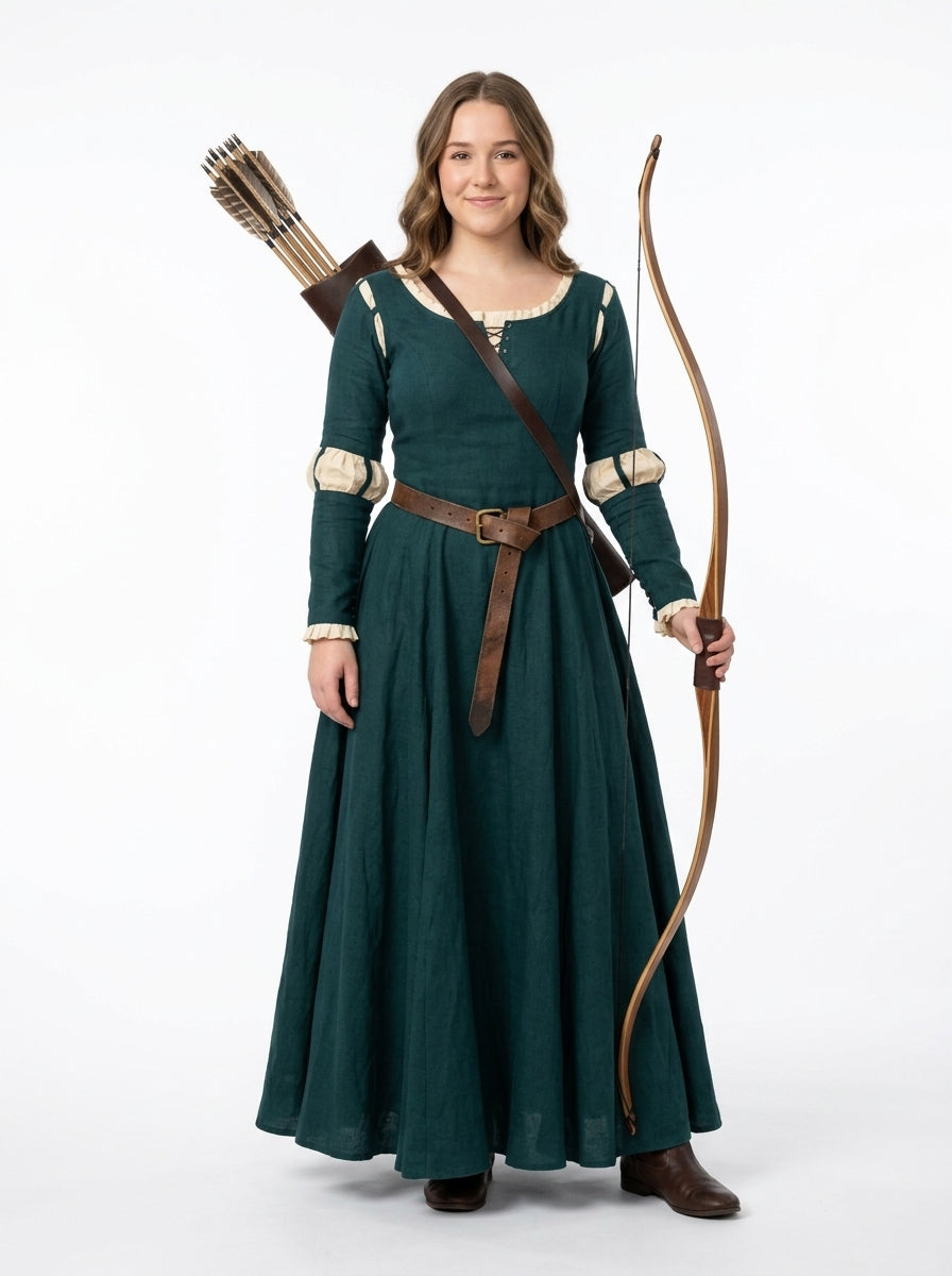 Medieval Archer Costume for Women - green medieval dress with bow and quiver worn by model, full body hero shot