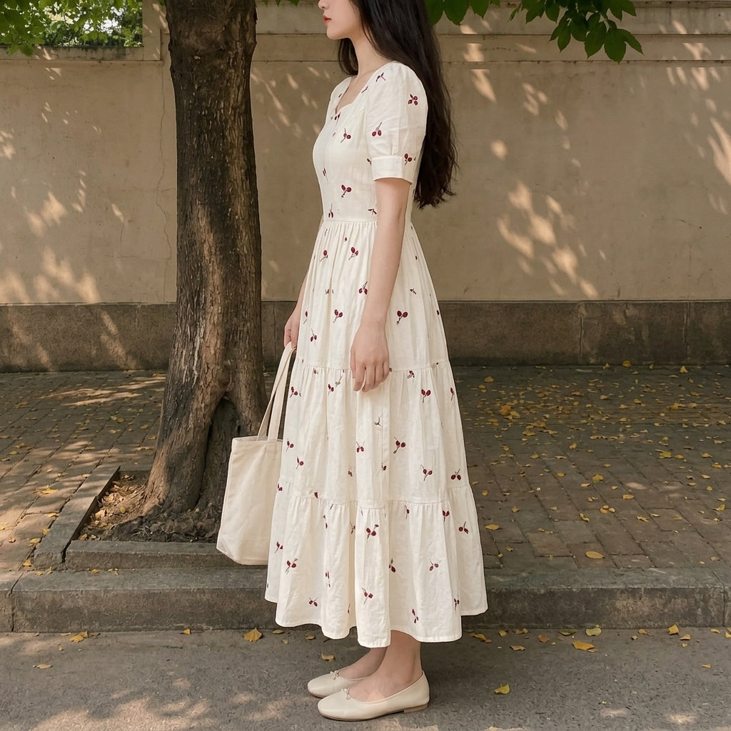 Cherry Print Midi Dress - Retro 50s Pin-Up Flare Dress