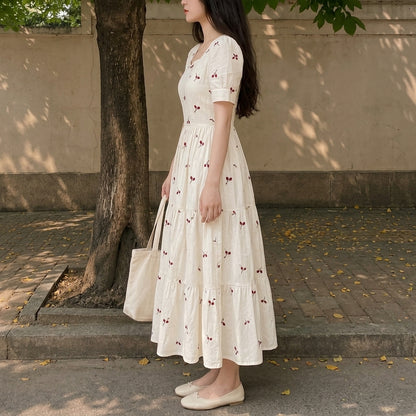 Cherry Print Midi Dress - Retro 50s Pin-Up Flare Dress