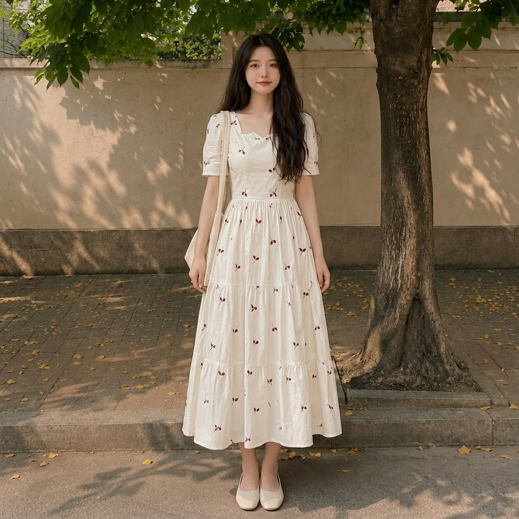 Cherry Print Midi Dress - Retro 50s Pin-Up Flare Dress