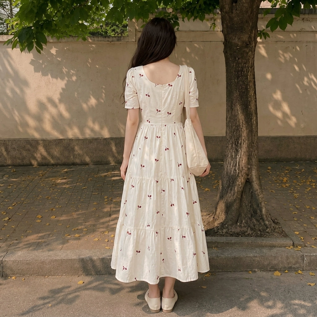 Cherry Print Midi Dress - Retro 50s Pin-Up Flare Dress