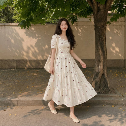 Cherry Print Midi Dress - Retro 50s Pin-Up Flare Dress