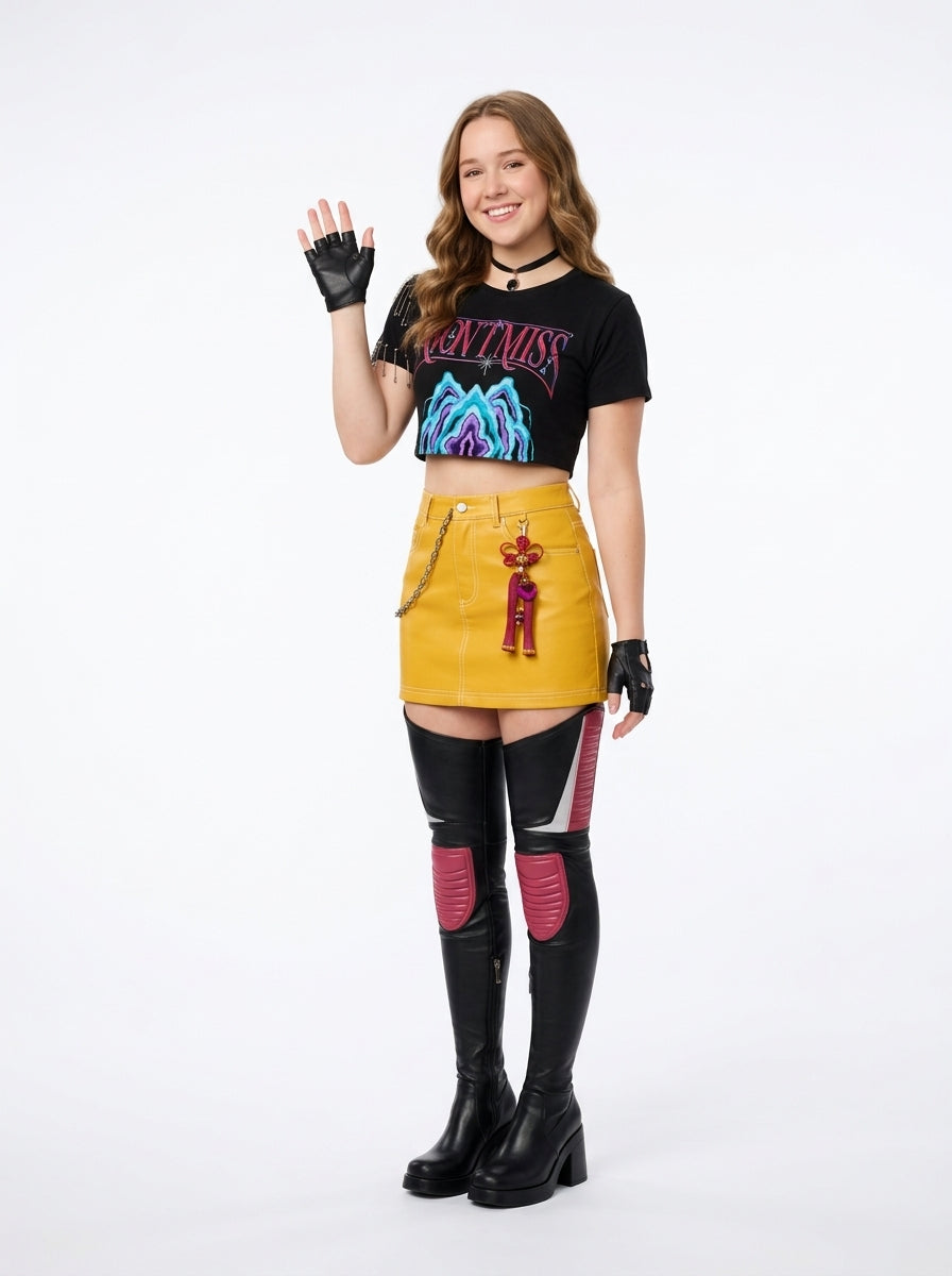 Zoey Costume for Women - KPop Demon Hunters style costume worn by model waving, full body hero shot