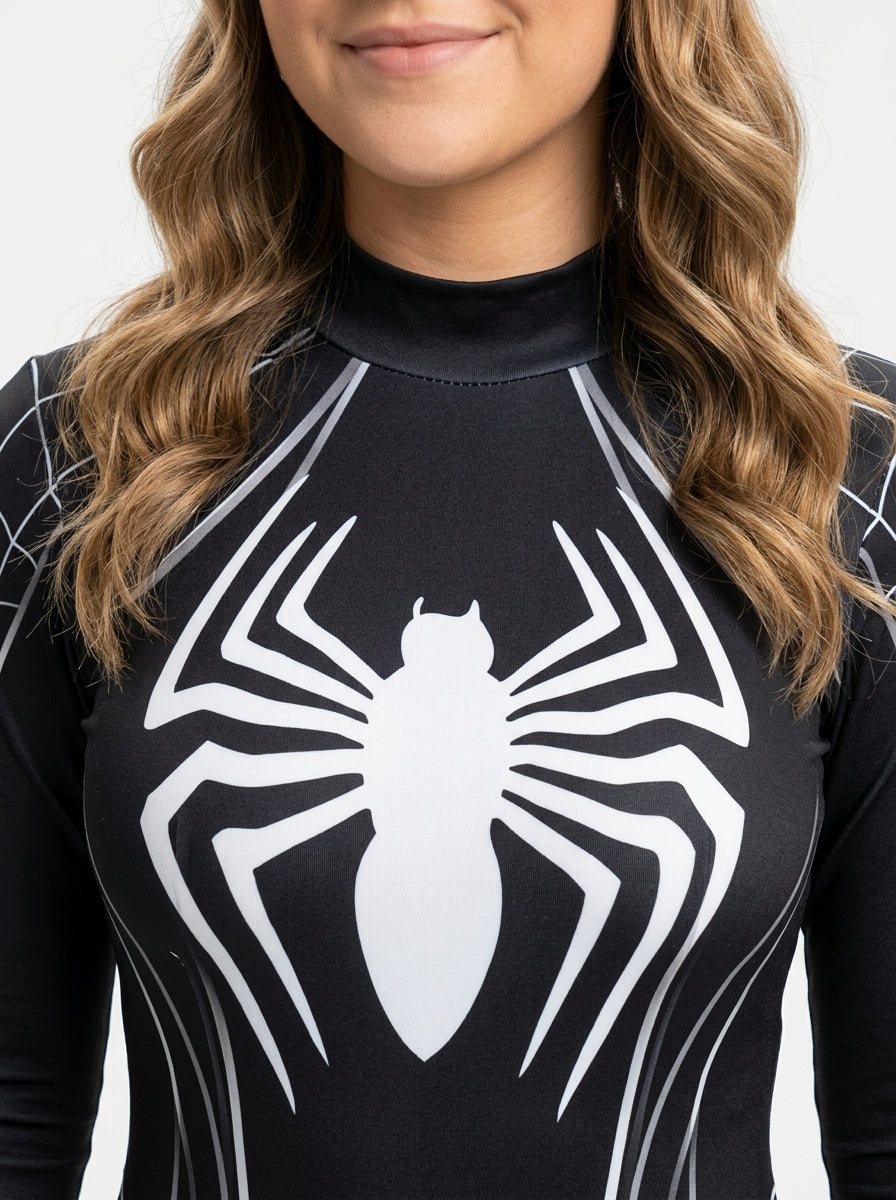 Black Spider-Woman Costume - model in black suit, full body